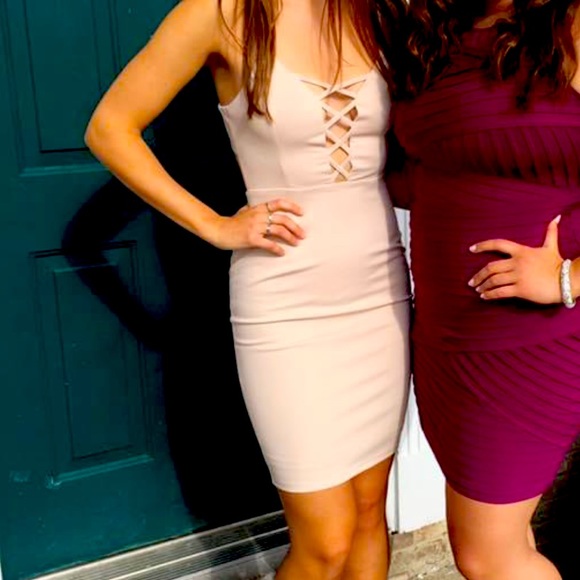 Showpo Cosmic Ties Bodycon Dress Beige - Picture 5 of 6